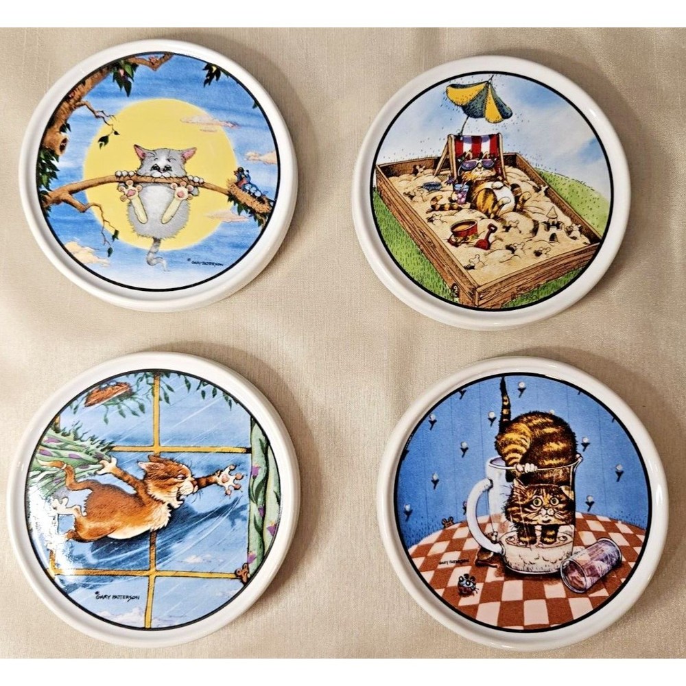Humorous Set of 4 Gary Patterson Artisan Design Cat Coasters Clay Ceramic Design